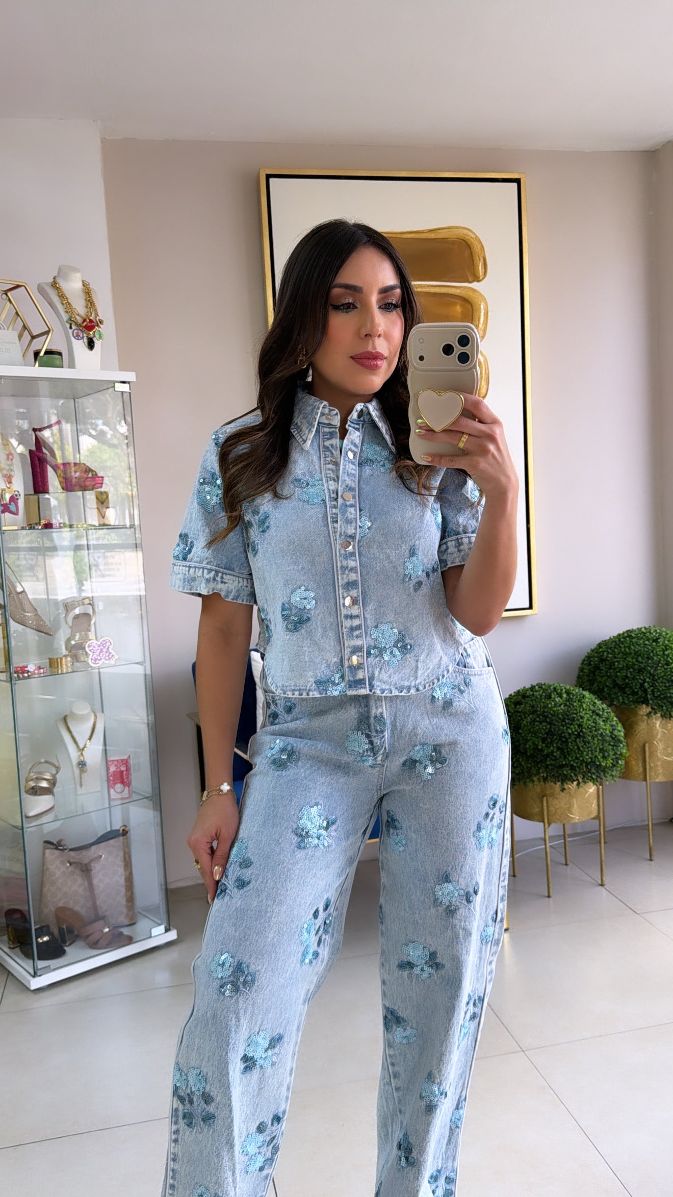 Denim Sequins Pant Set