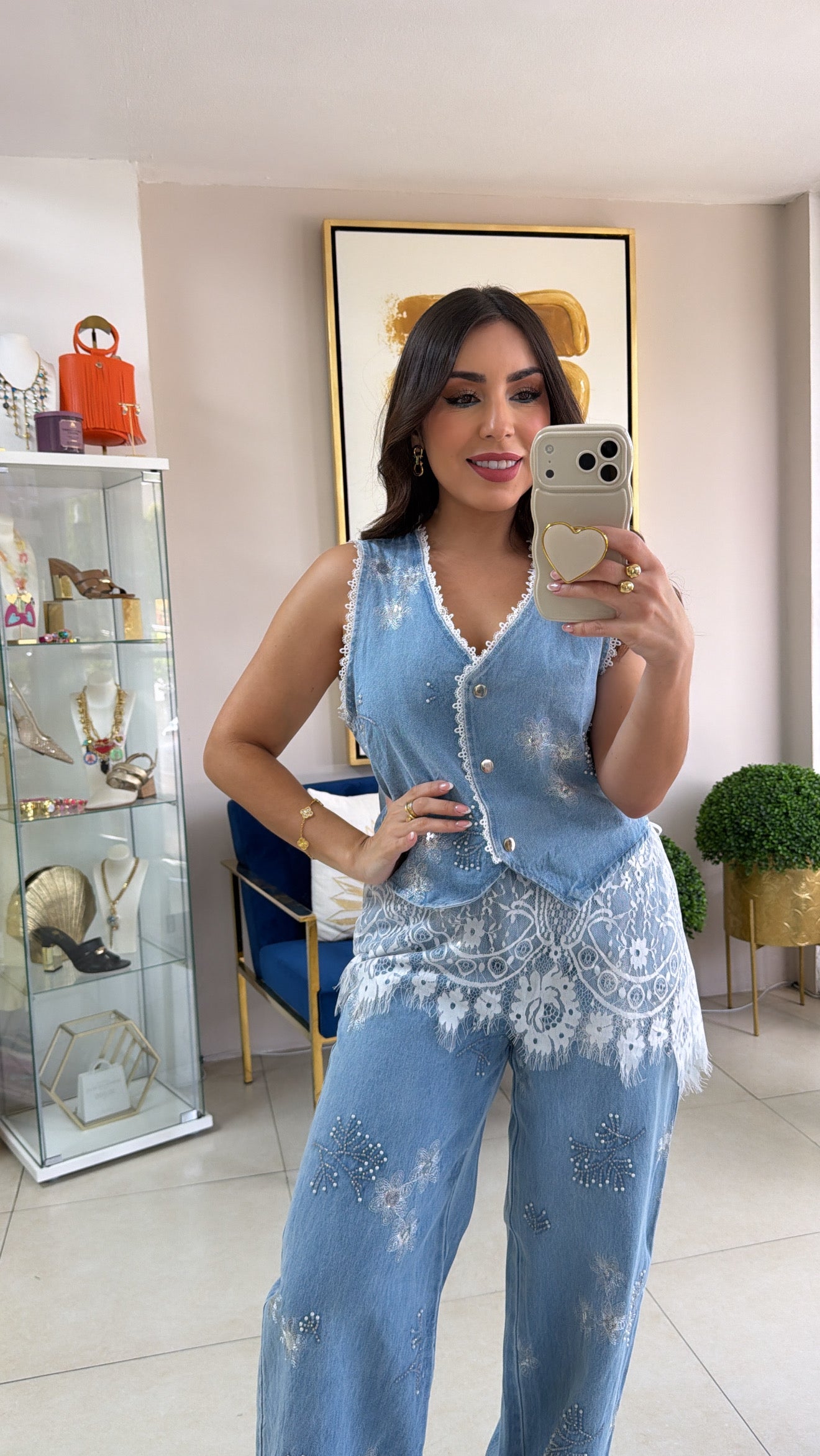 Denim Lace Vest Set