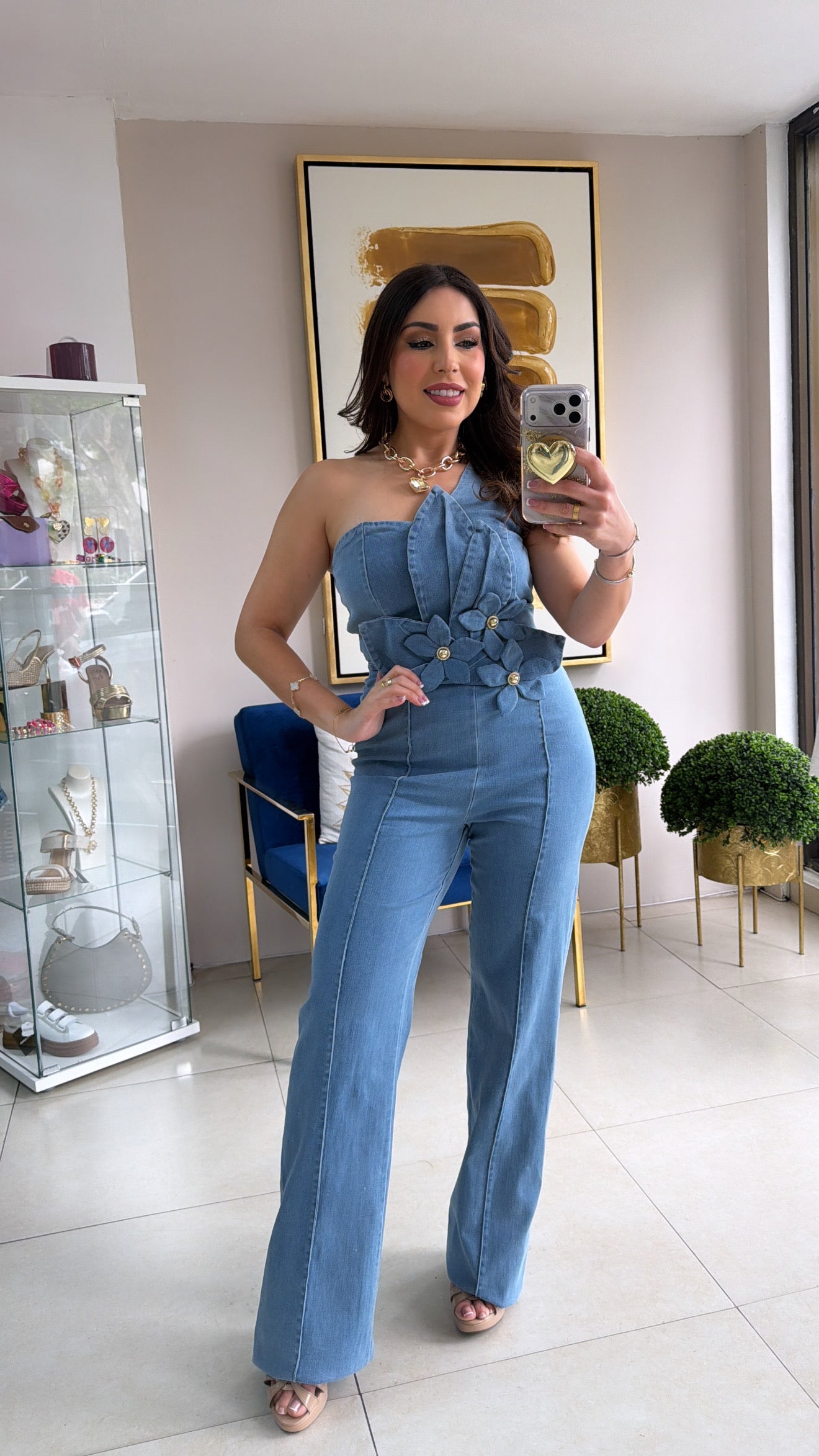 One Shoulder Denim Jumpsuit