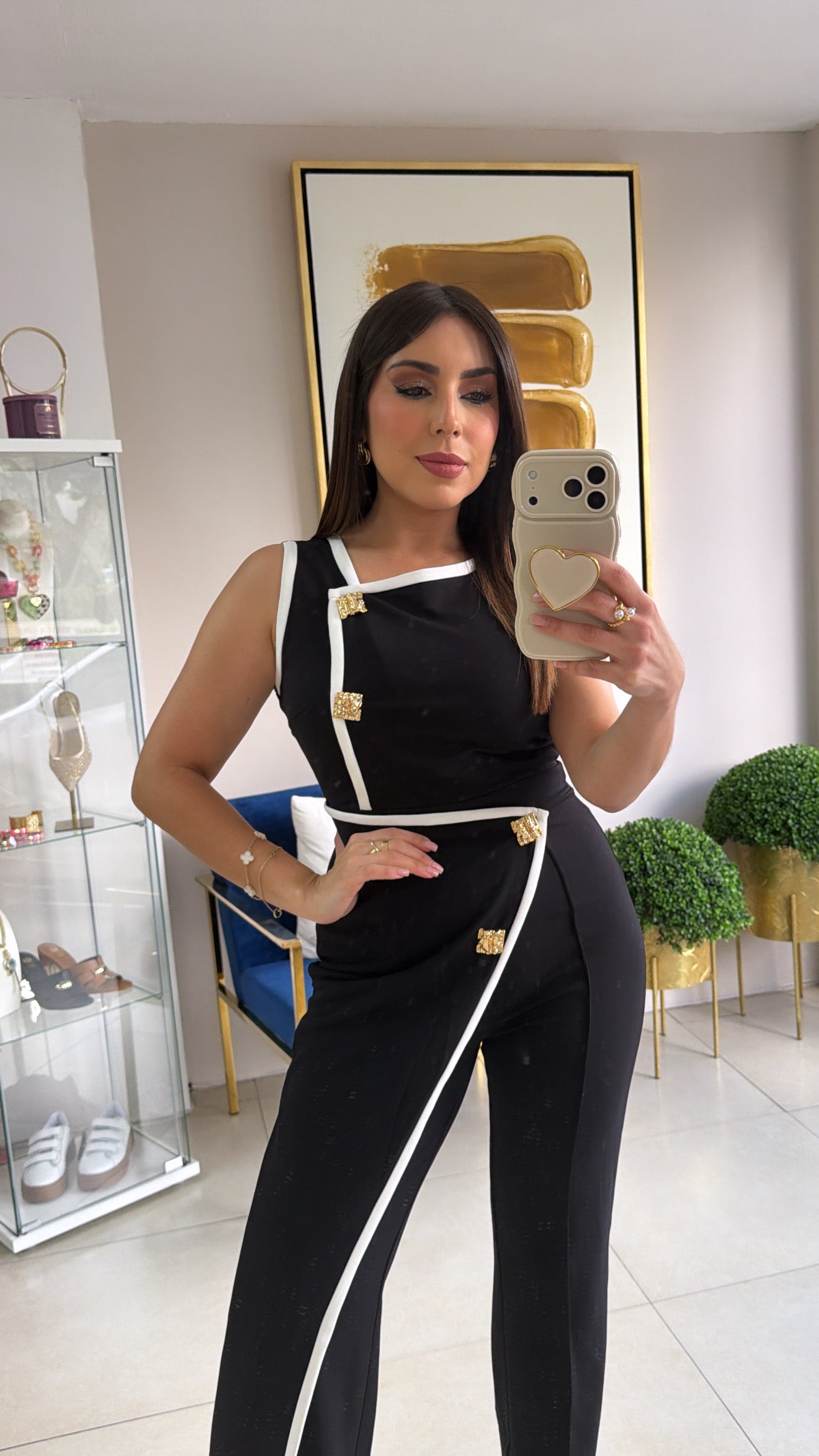 Black White Gold Buttons Jumpsuit