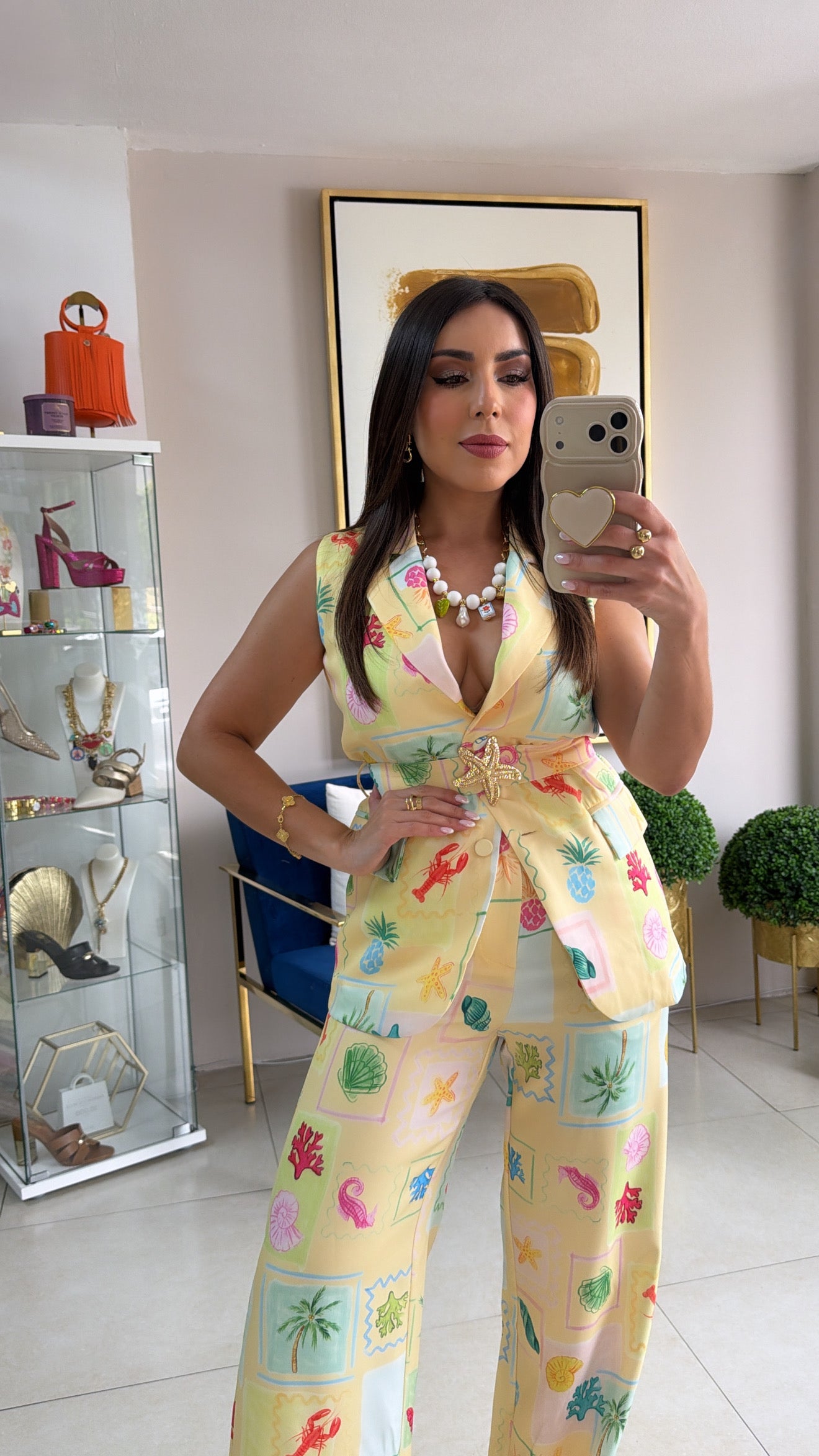 Sea Print Yellow Vest Set