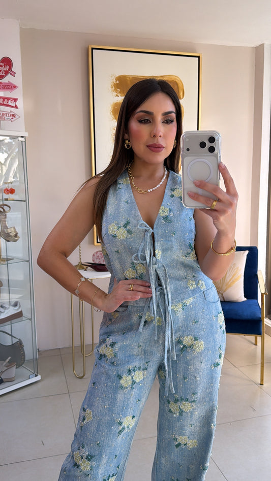 Denim Yellow Flower Vest Set