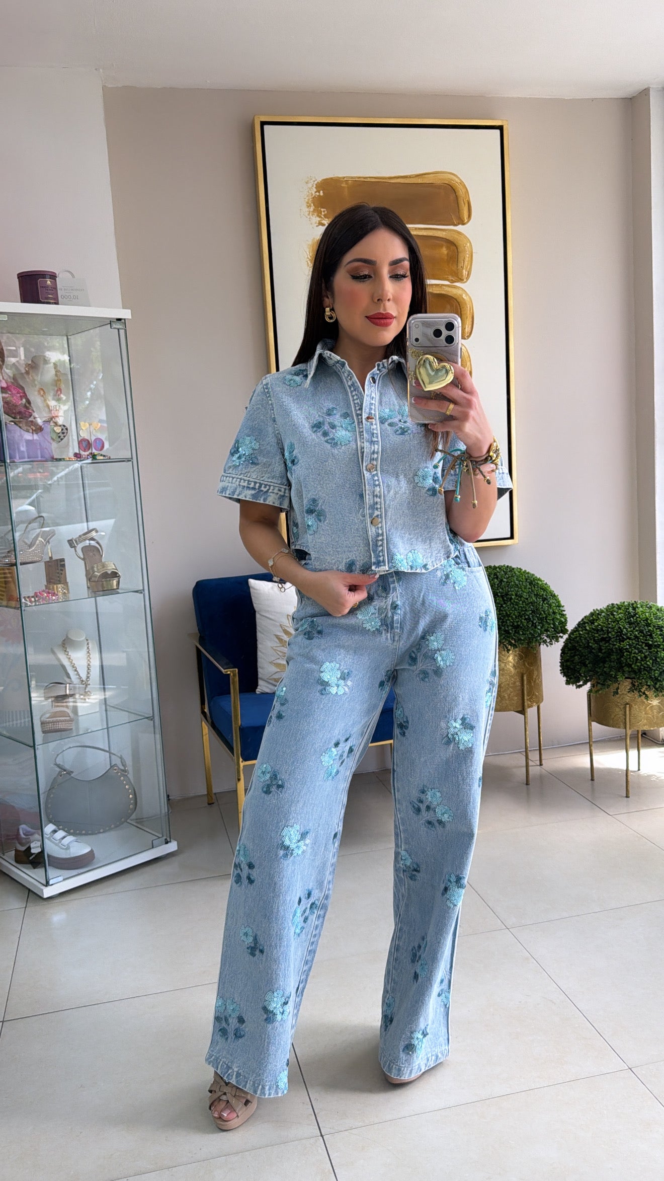 Floral Embroidery Denim Set