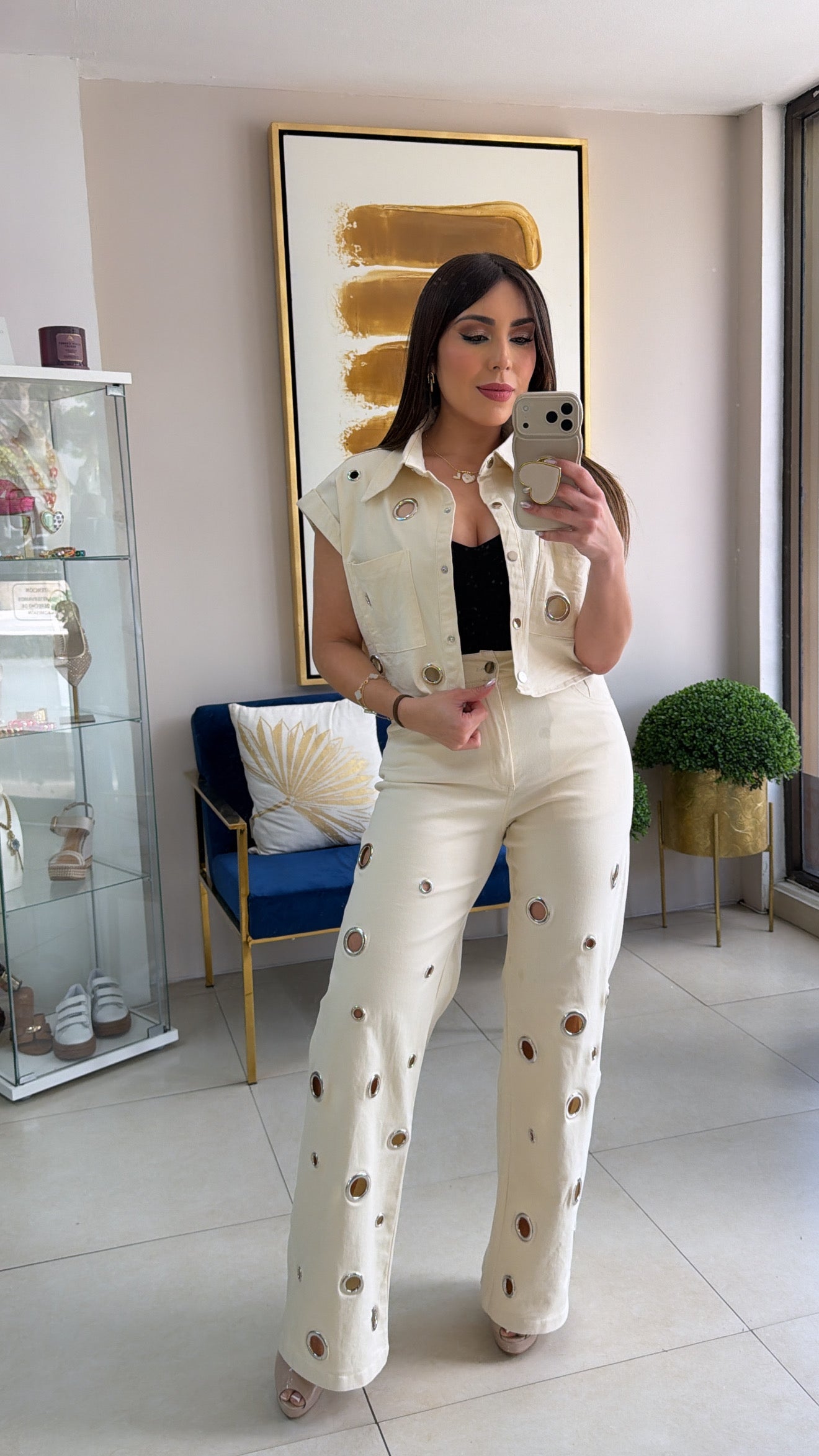 Cream Denim Pant Set