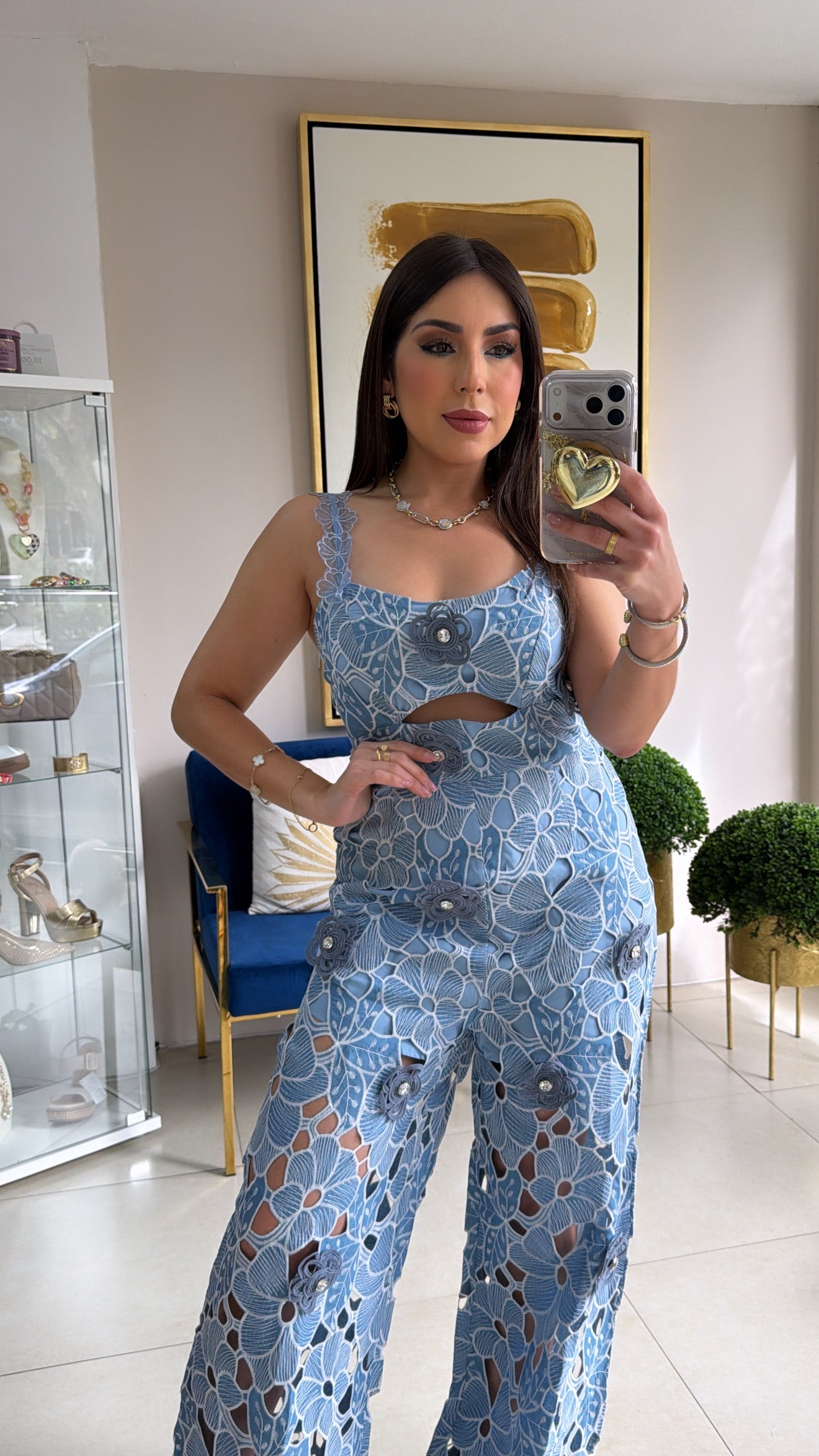 Crochet Embroidery Blue Jumpsuit