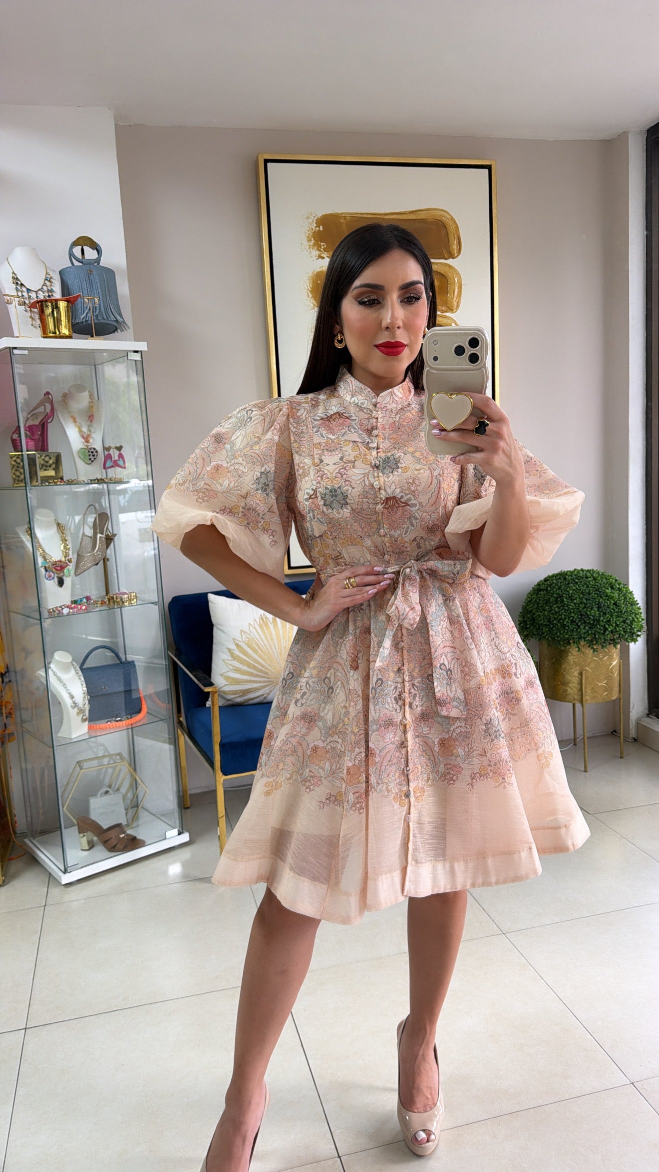 Beige Floral Short Dress