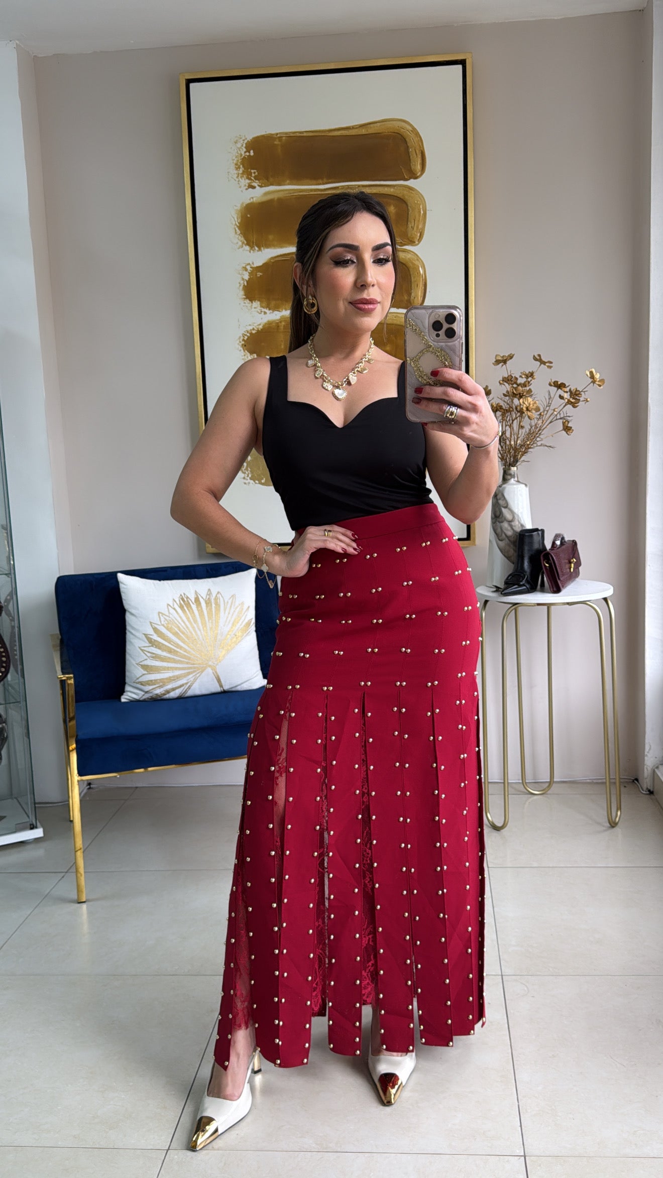 Pleated Lace Skirt Wine