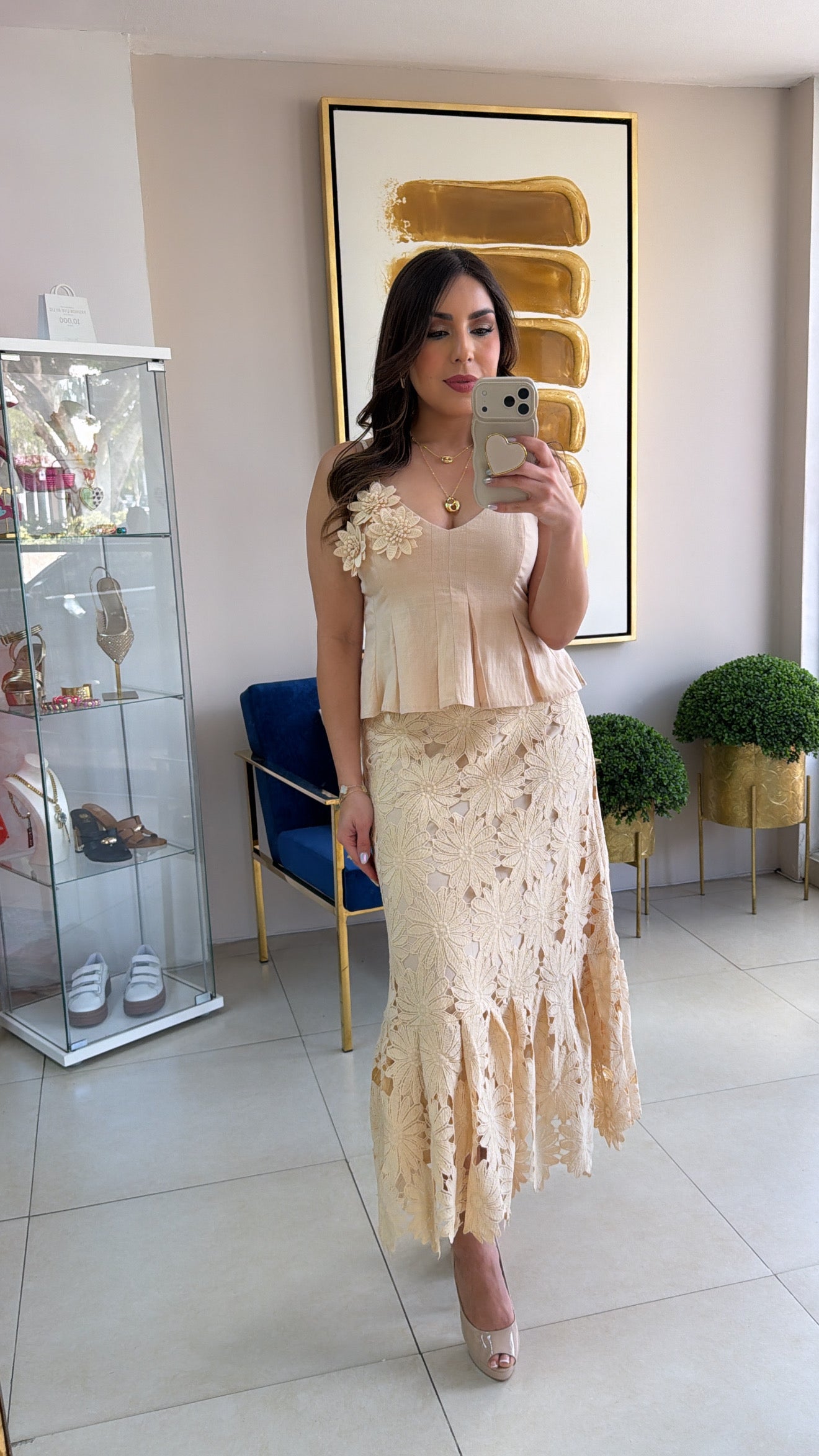 Beige Crochet Skirt Set