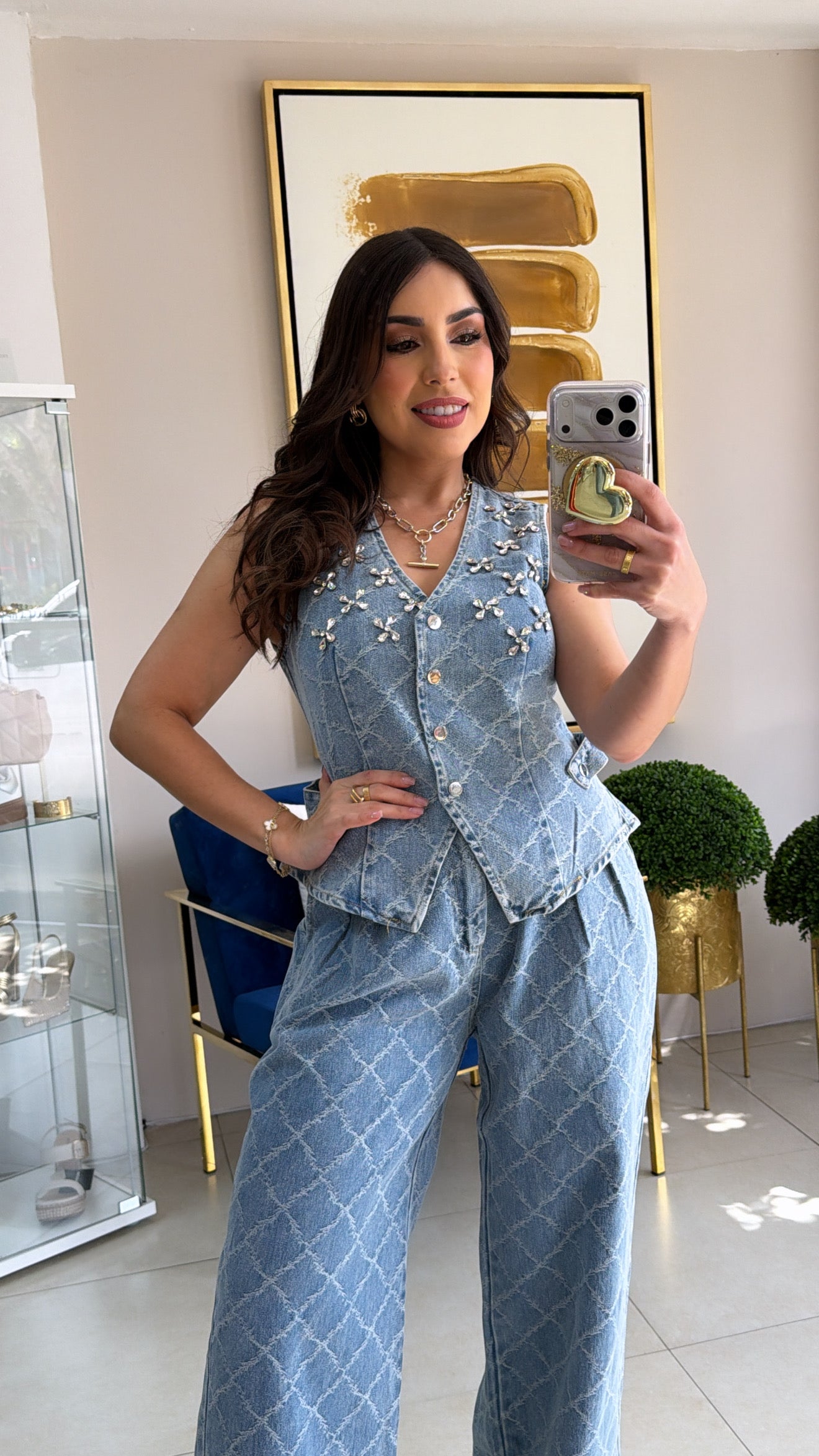 Denim & Rhinestones Pant Set