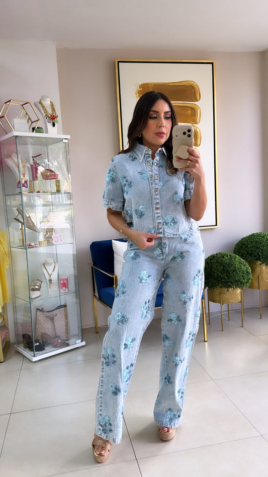 Denim Sequins Pant Set