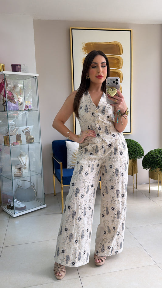 Beige Embroidered Vest Set