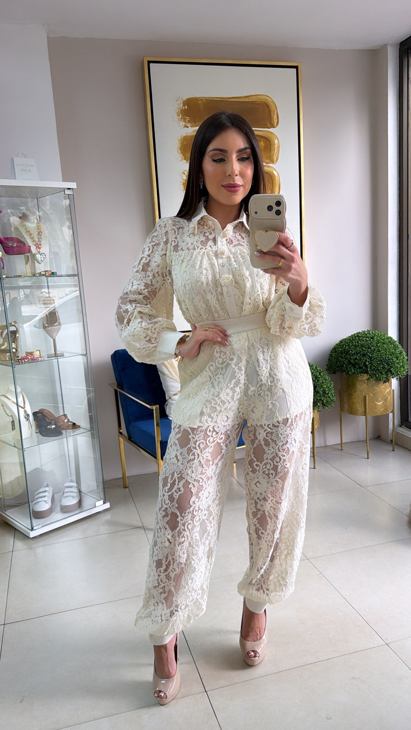 Cream Lace Jogger Set