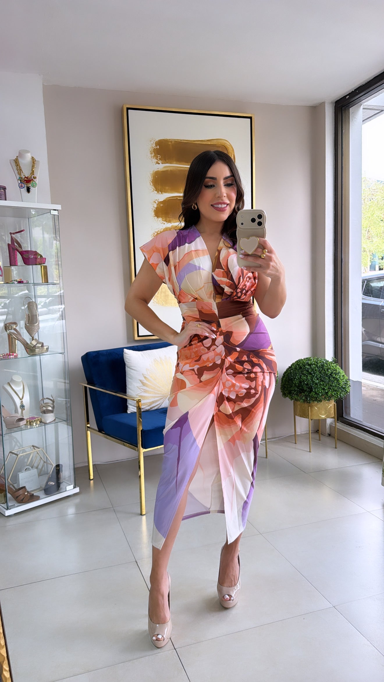 Purple Floral Print Midi Dress