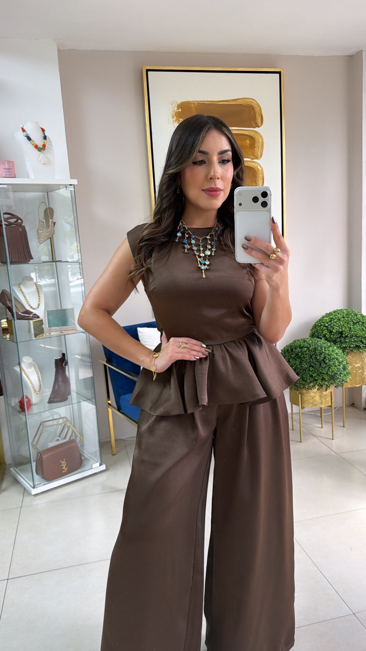 Brown Peplum Top & Palazzo Set