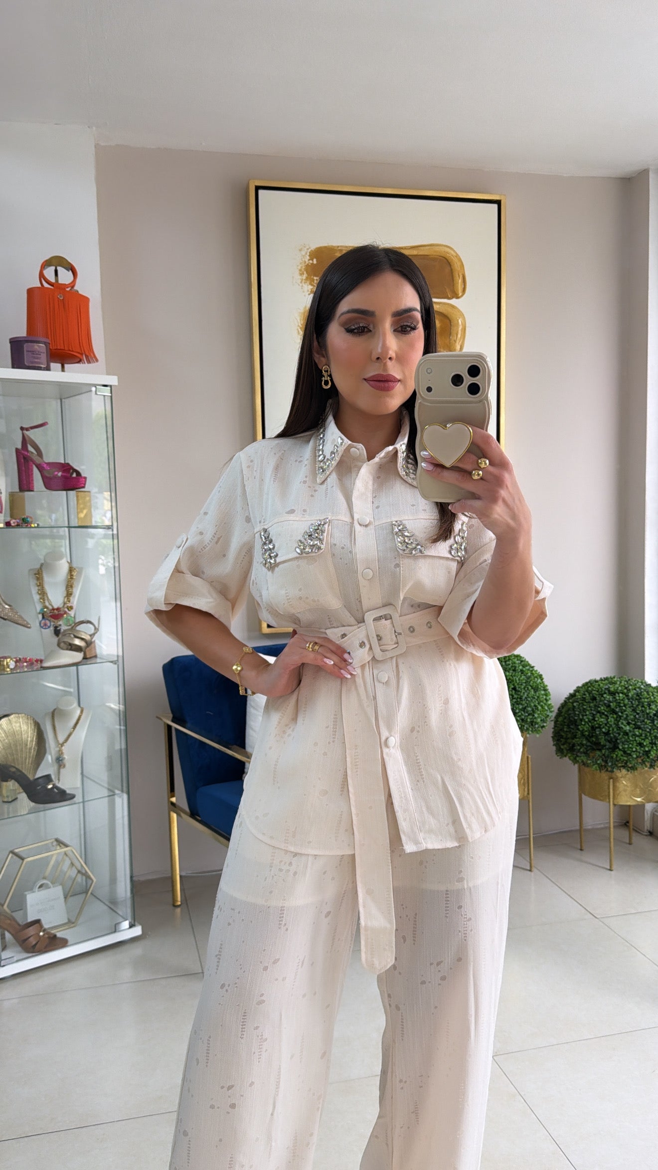 Cream Rhinestones Pant Set