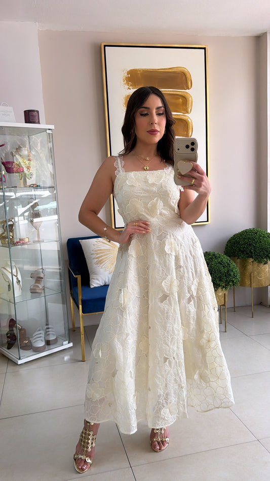 Cream 3D Flowers Dress
