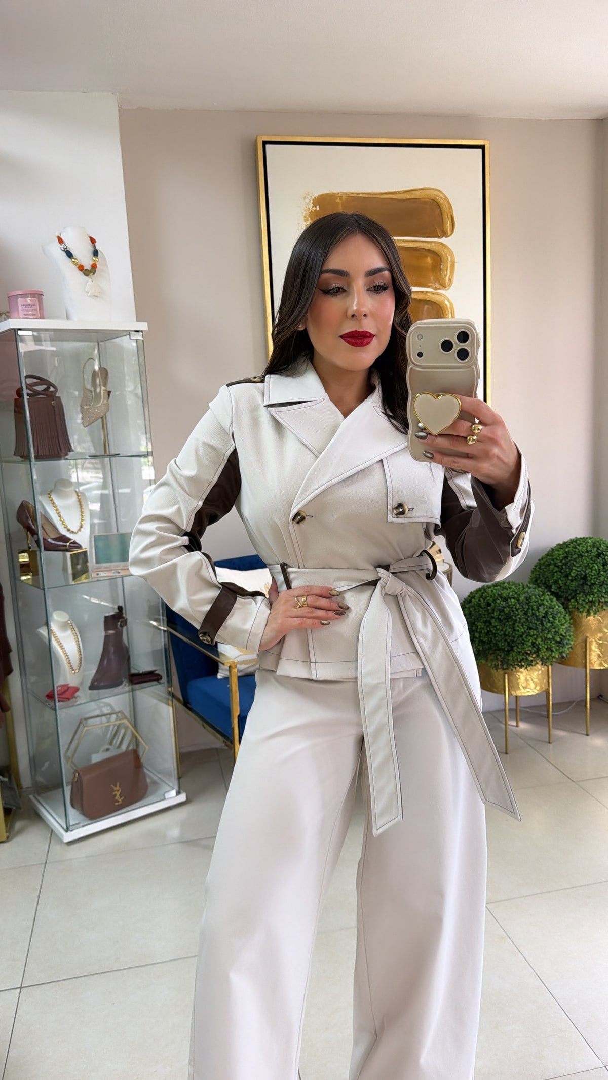 Beige & Brown Pant Set