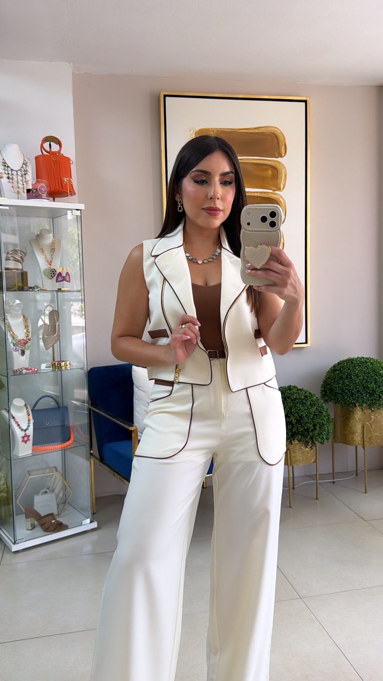Cream & Brown Pant Set