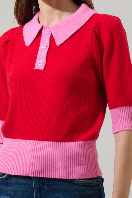 Color Block Collared Sweater Top