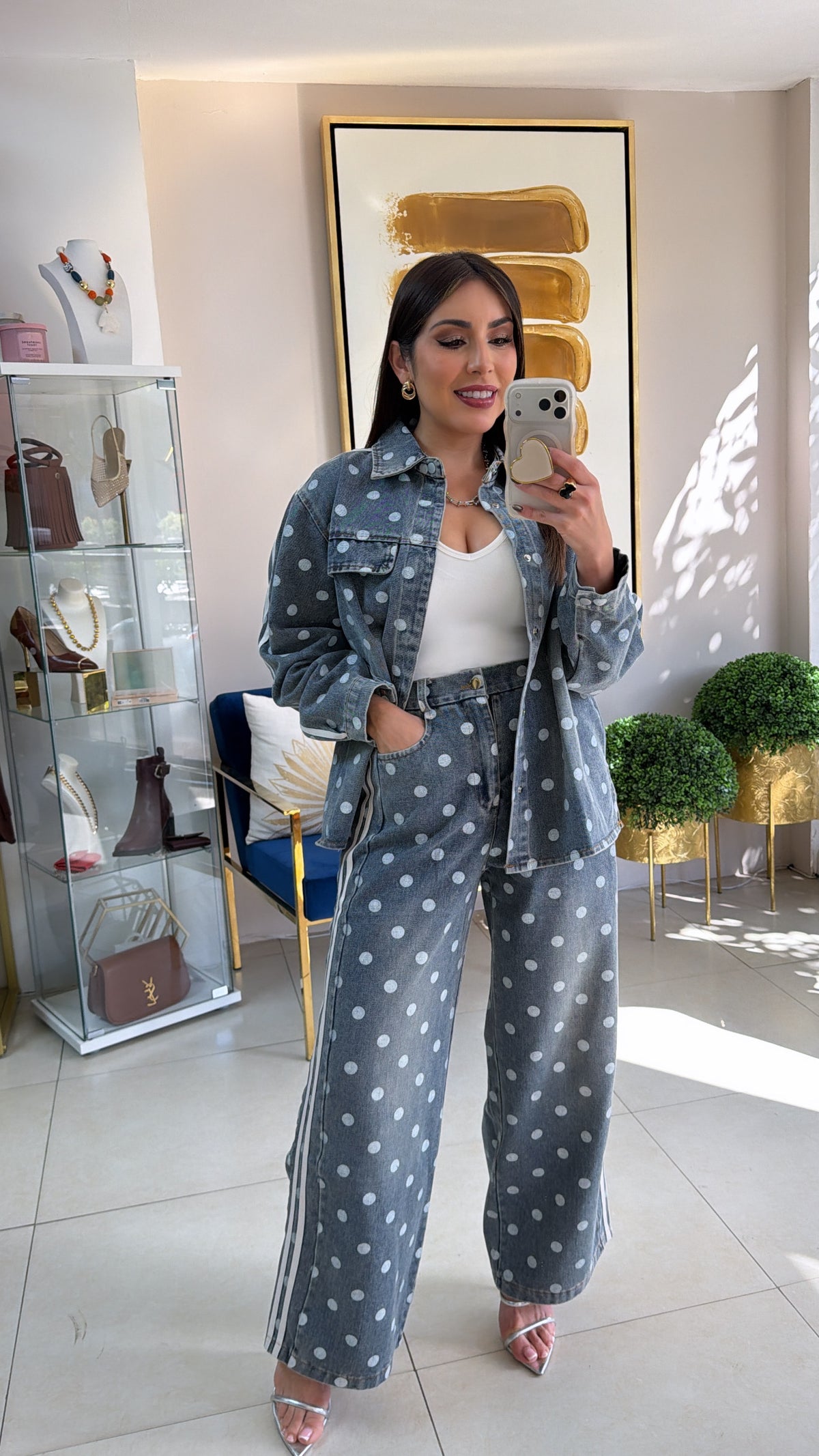 Light Denim Polka Pant Set