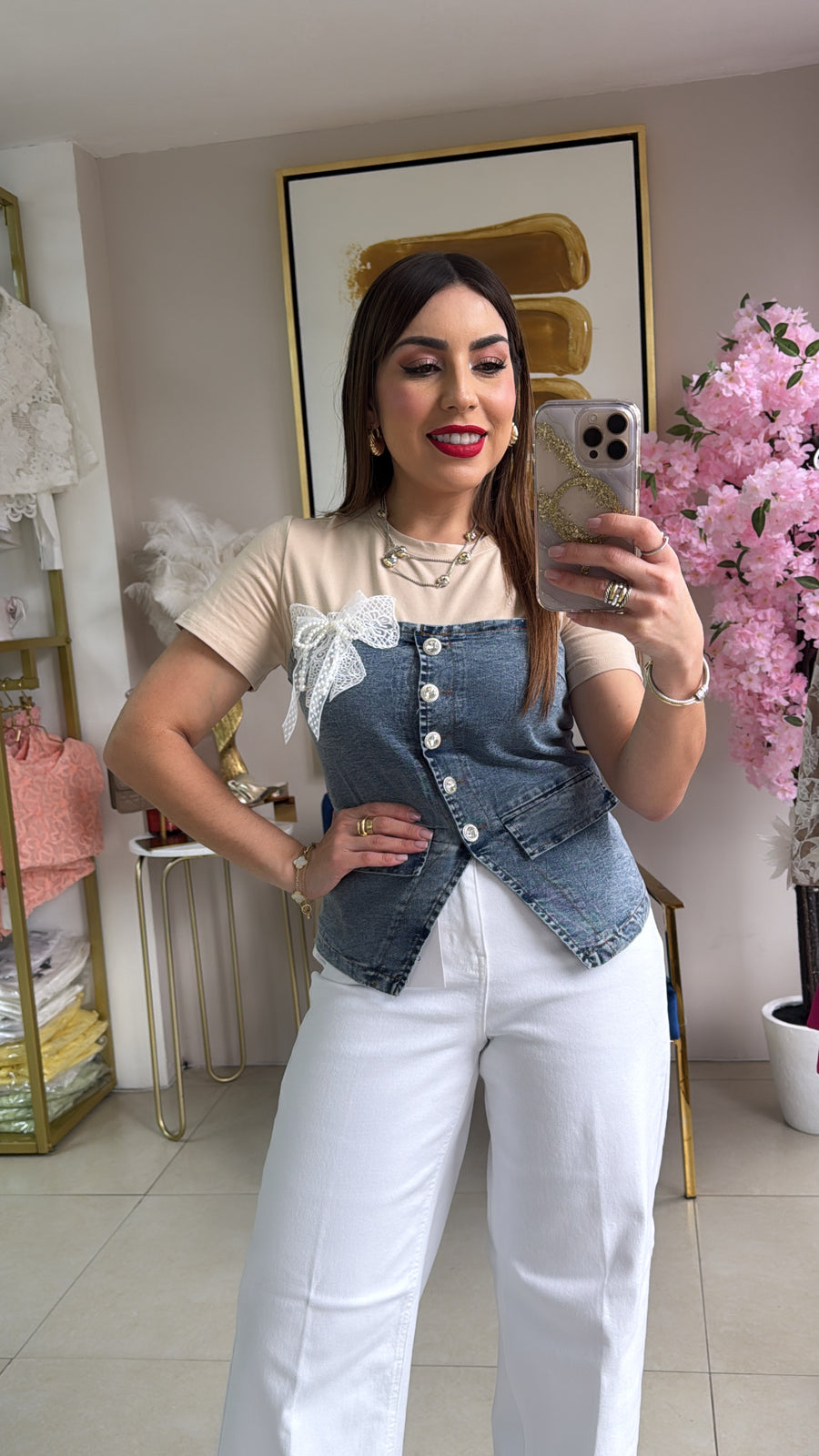 Beige & Denim Top