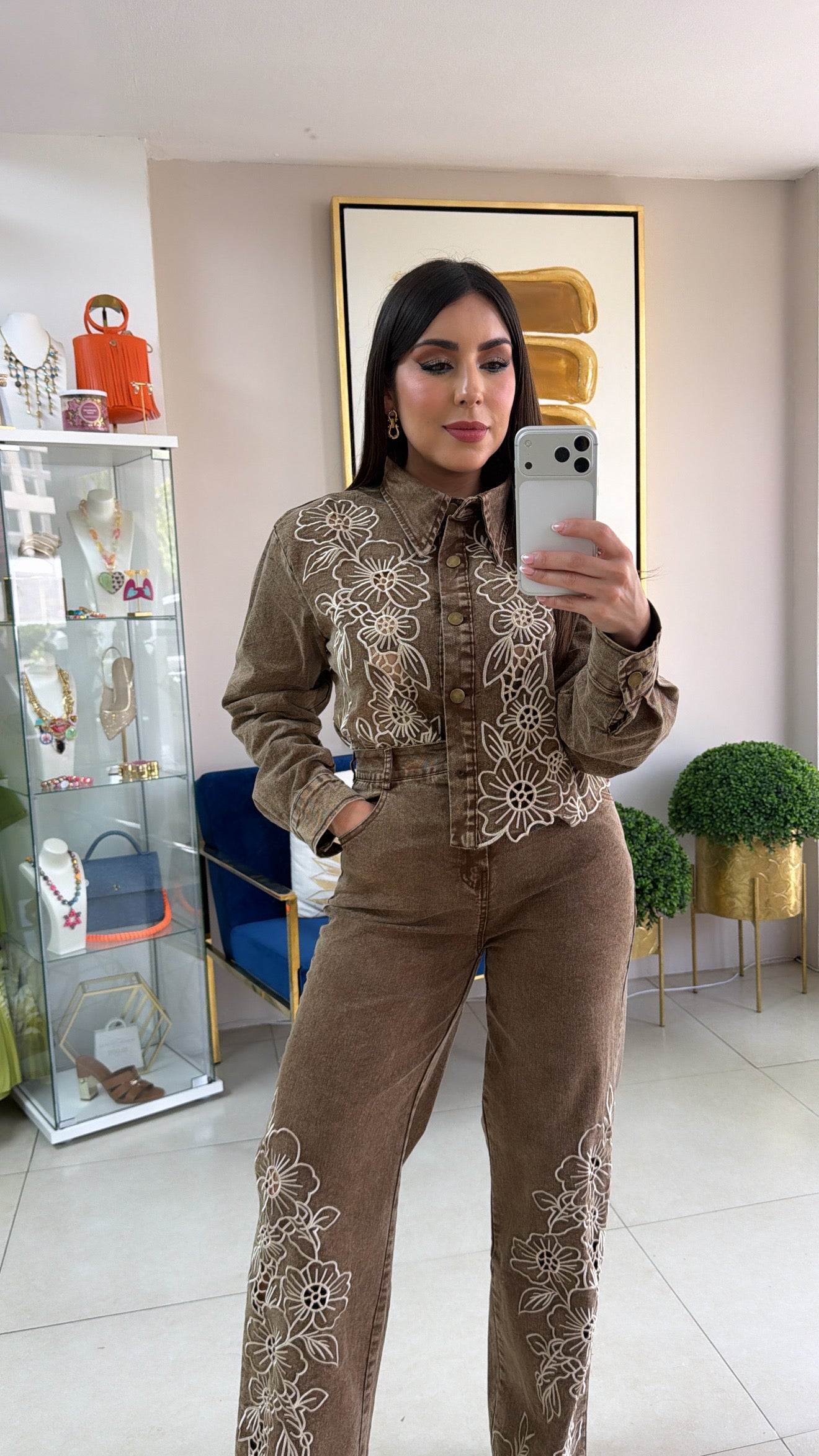 Brown Flower Embroidered Pant Set