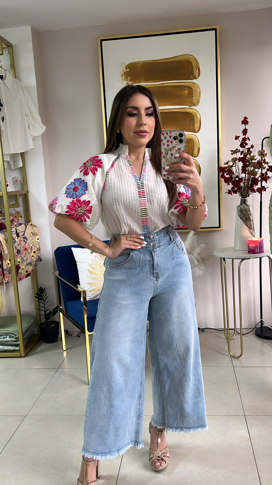 Embroidered Puff Sleeve Top