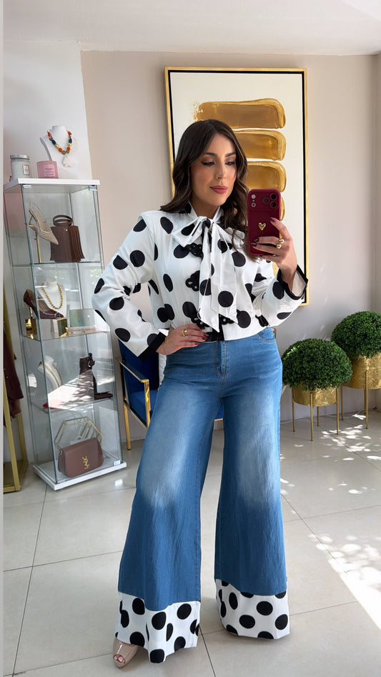 Black Polkadots Jean Set