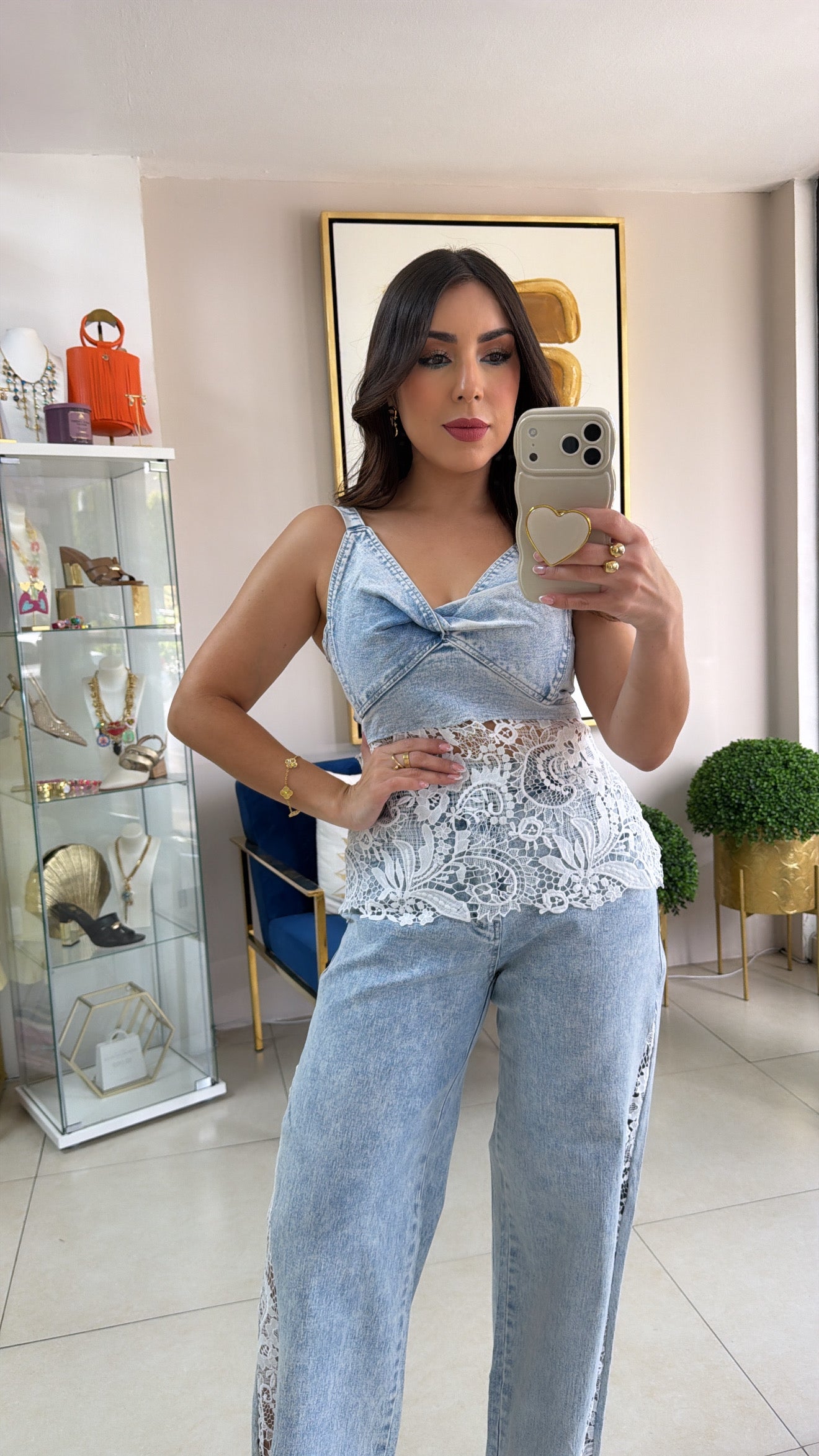 Denim Crochet Pant Set