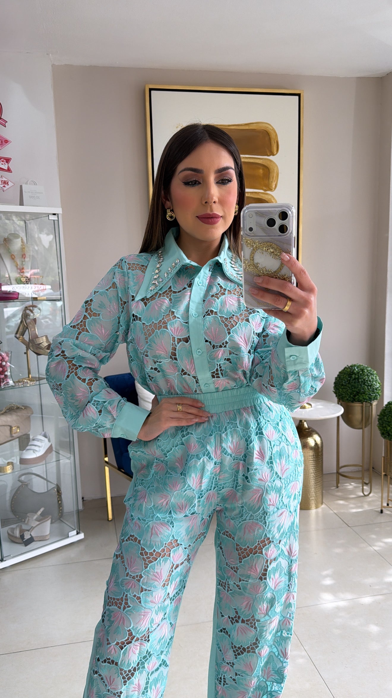 Mint Embroidery Rhinestones Set