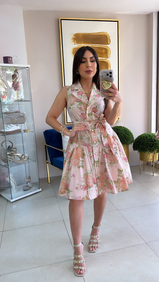 Floral Gold Buttons Dress