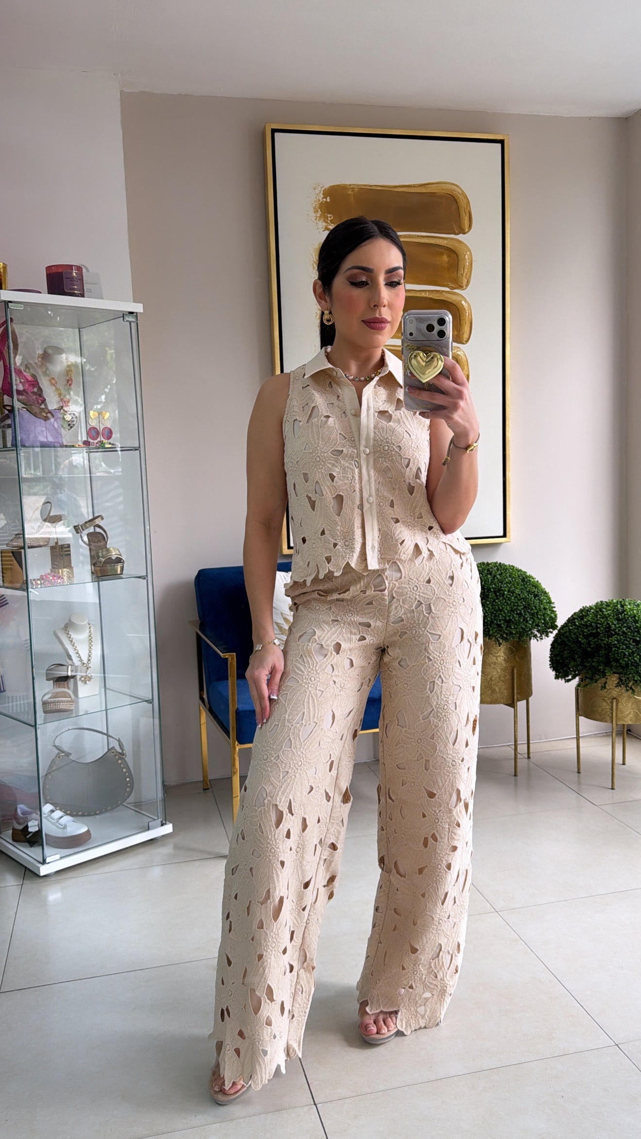 Beige Crochet Pant Set