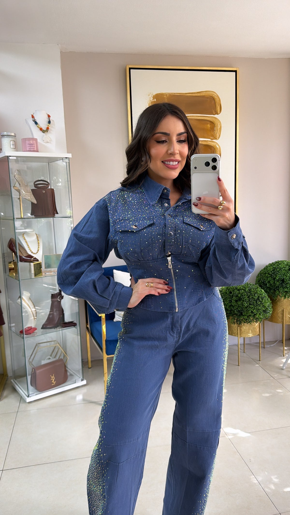 Blue Rhinestones Pant Set