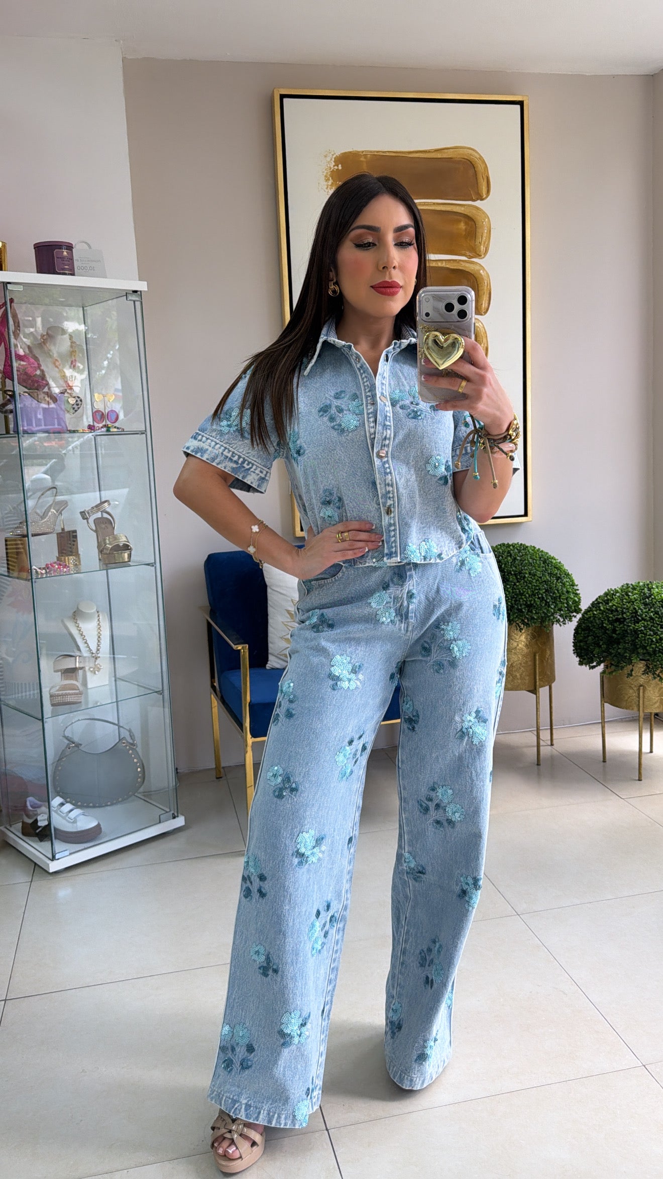 Floral Embroidery Denim Set