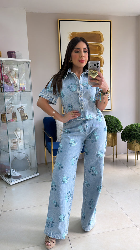Floral Embroidery Denim Set