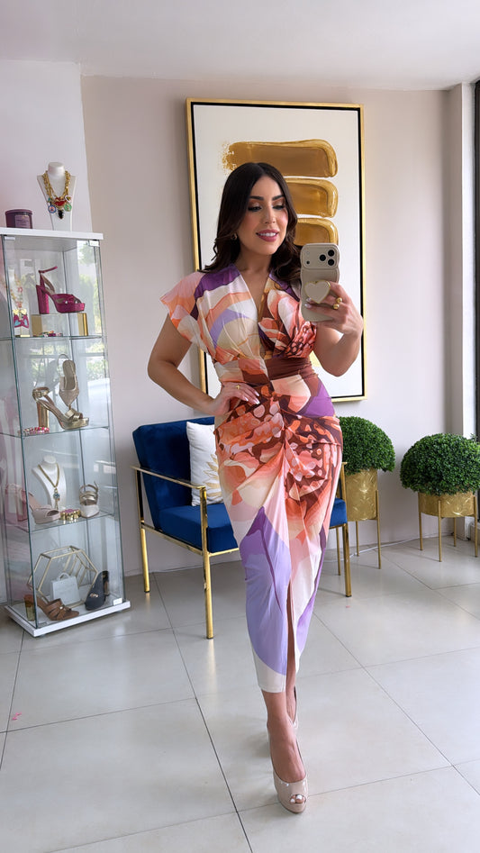 Purple Floral Print Midi Dress