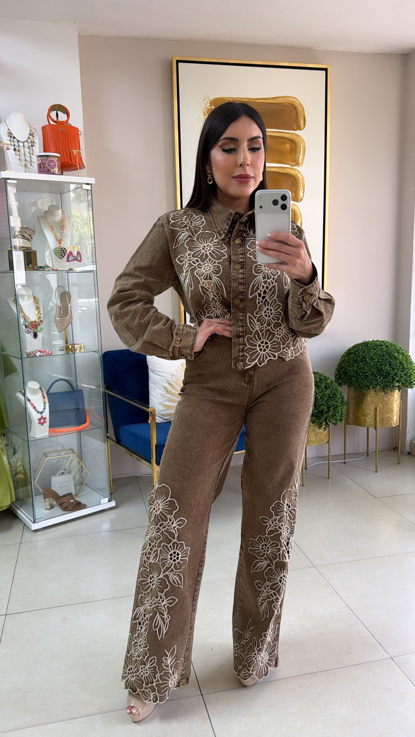 Brown Flower Embroidered Pant Set