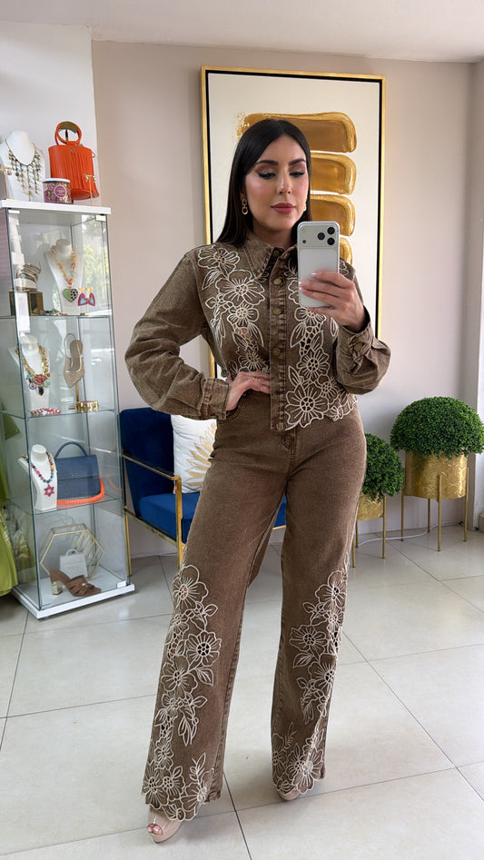 Brown Flower Embroidered Pant Set