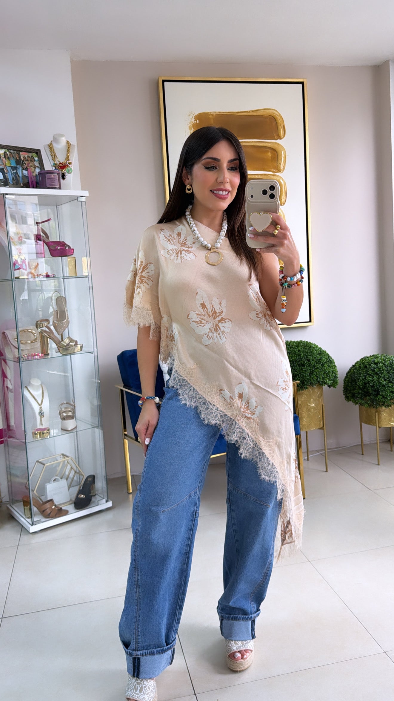 Beige One Shoulder Floral Top