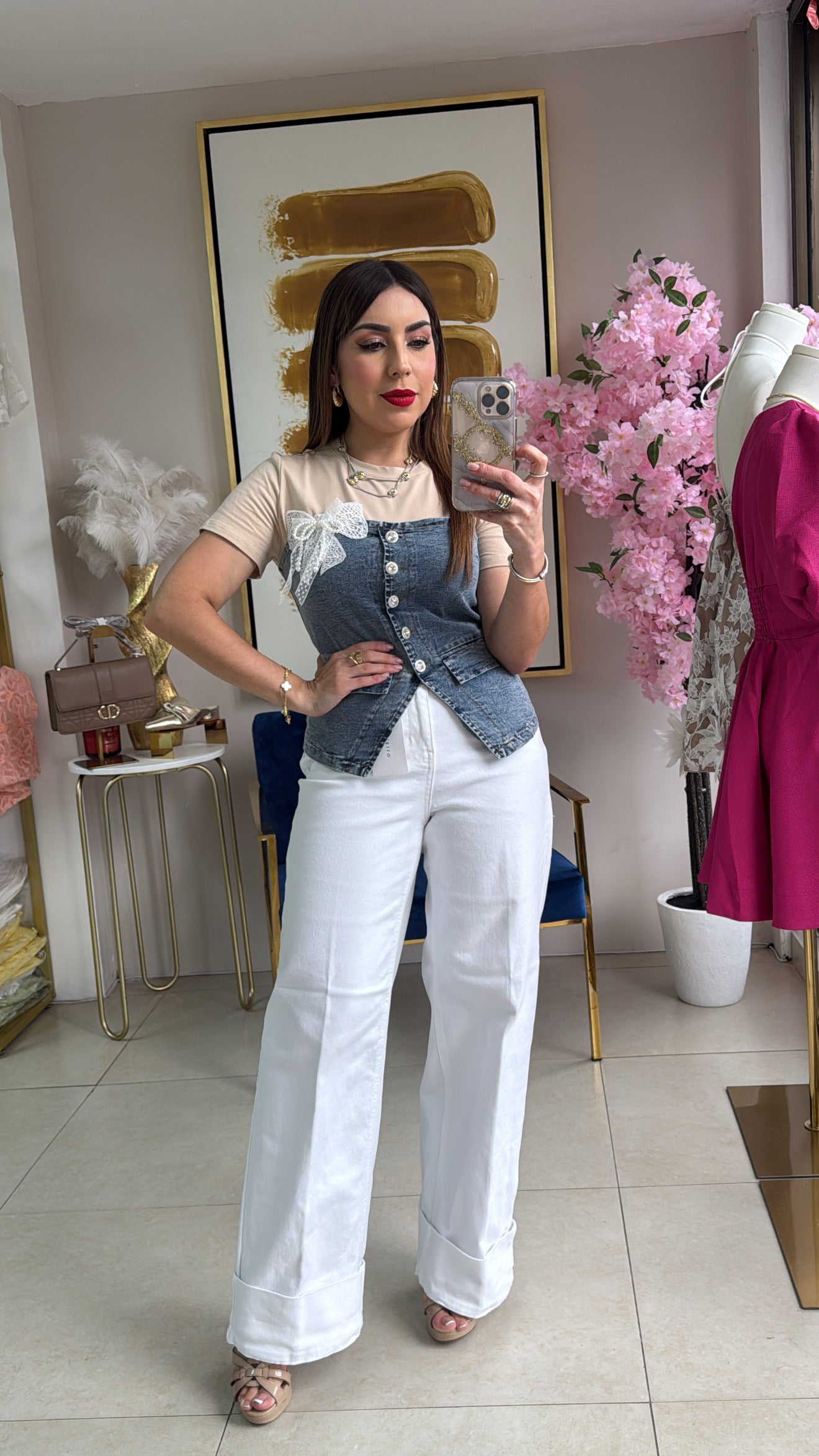 Beige & Denim Top