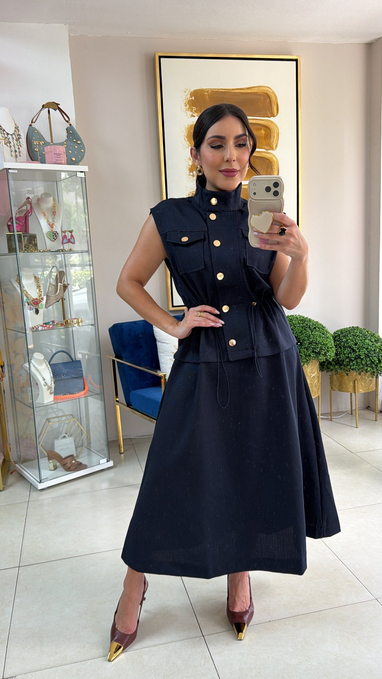 Navy Hi-Neck Midi Dress