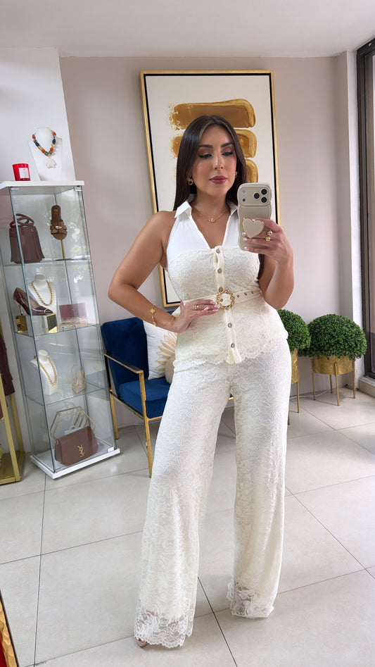 Cream Lace Pant Set