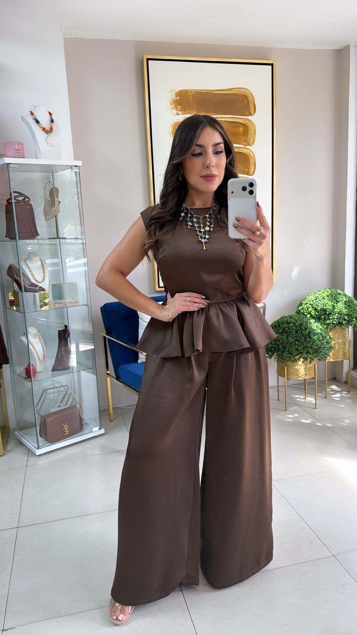 Brown Peplum Top & Palazzo Set