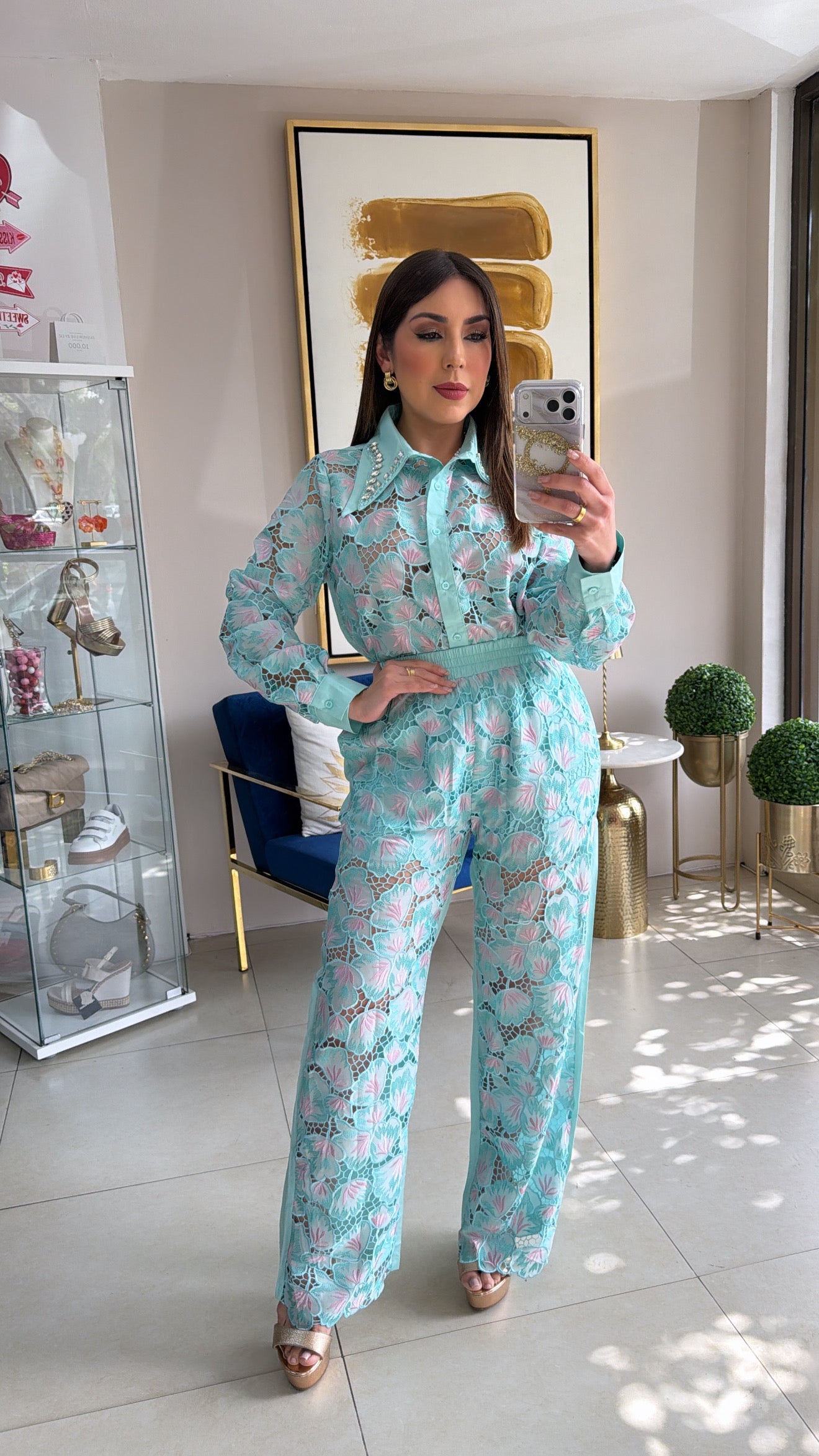 Mint Embroidery Rhinestones Set
