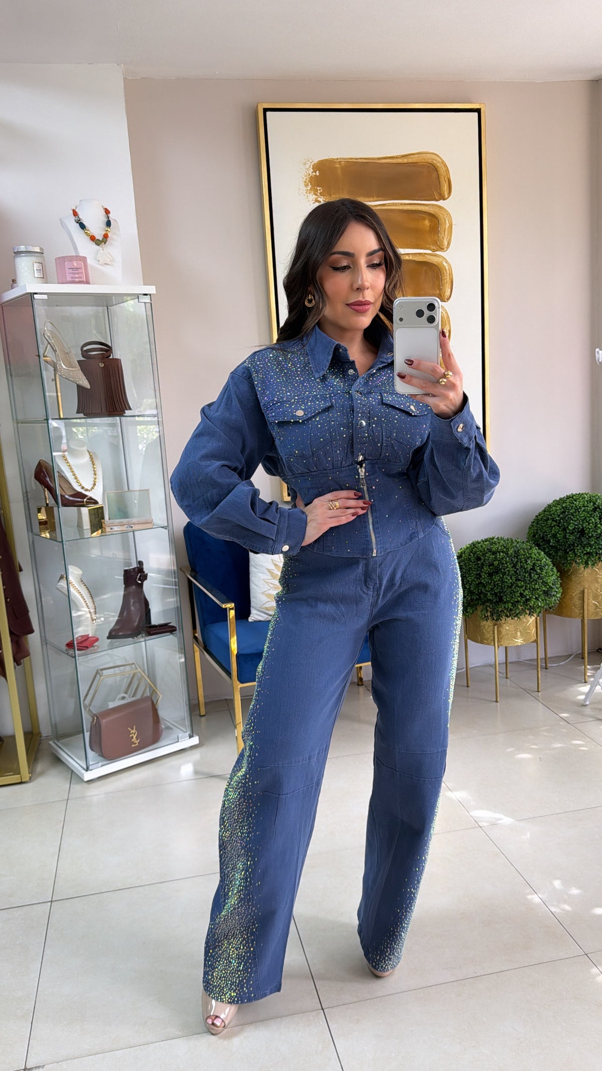 Blue Rhinestones Pant Set