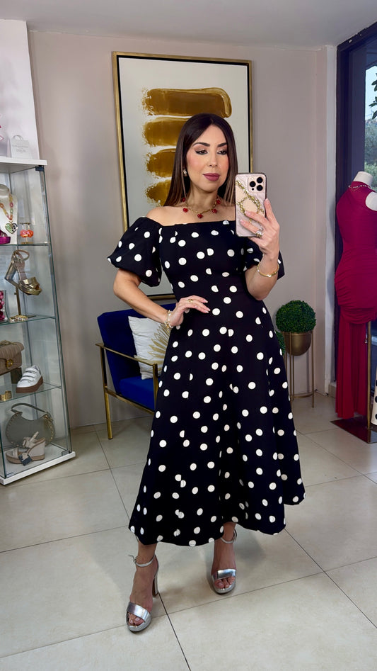 Black Polka Midi Dress