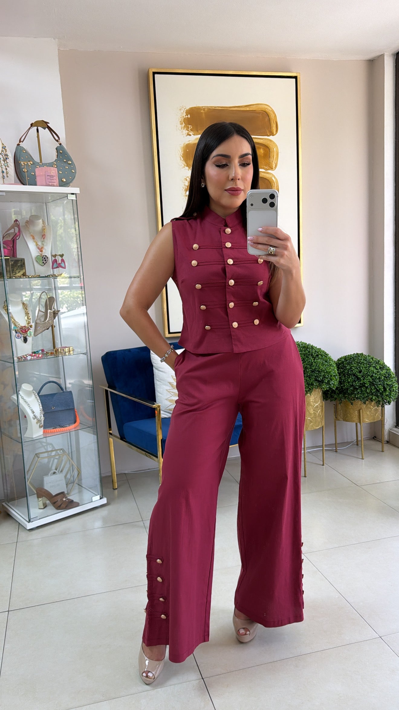 Wine Napoleon Pant Set
