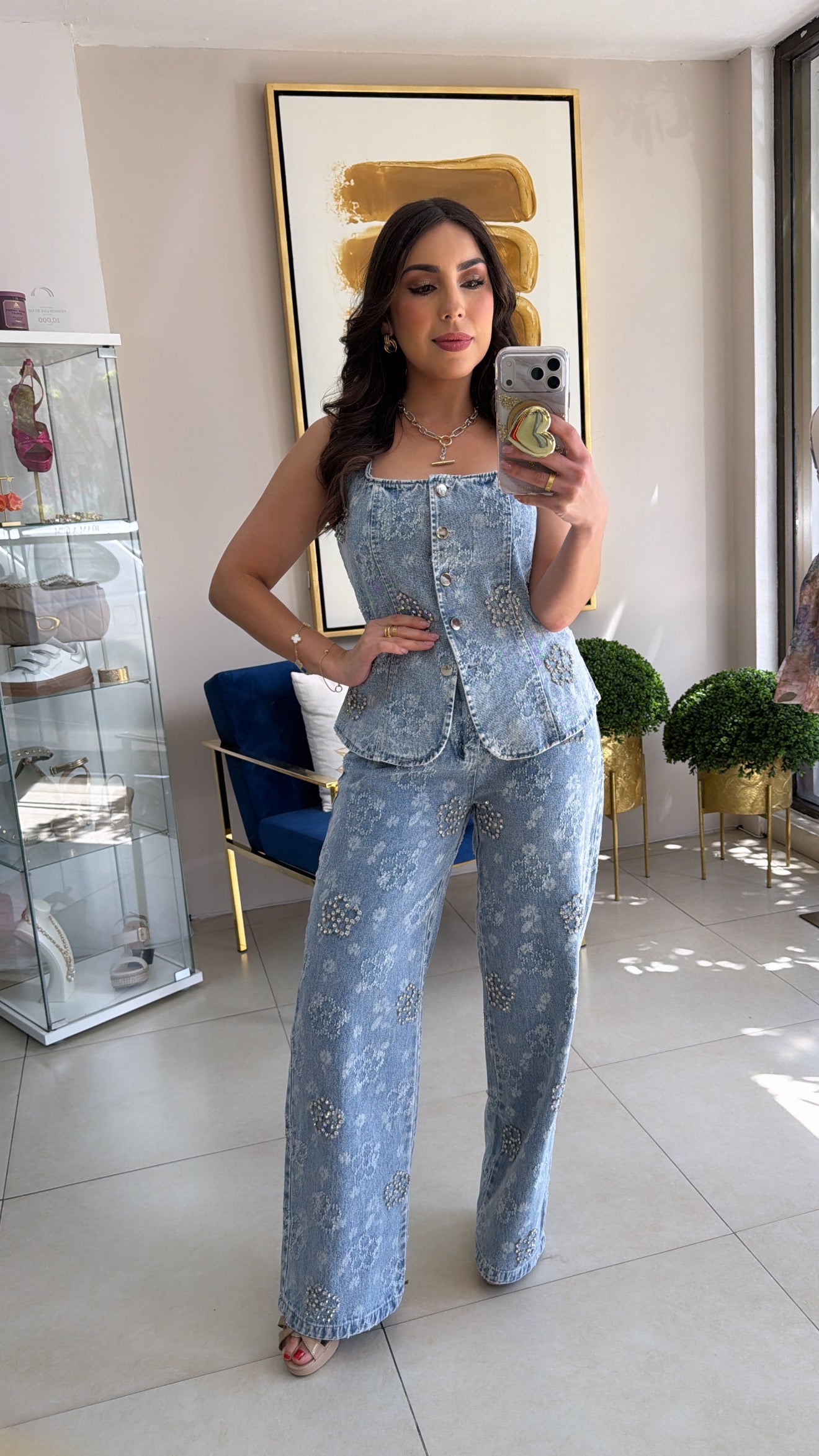 Denim Flower Rhinestones Pant Set