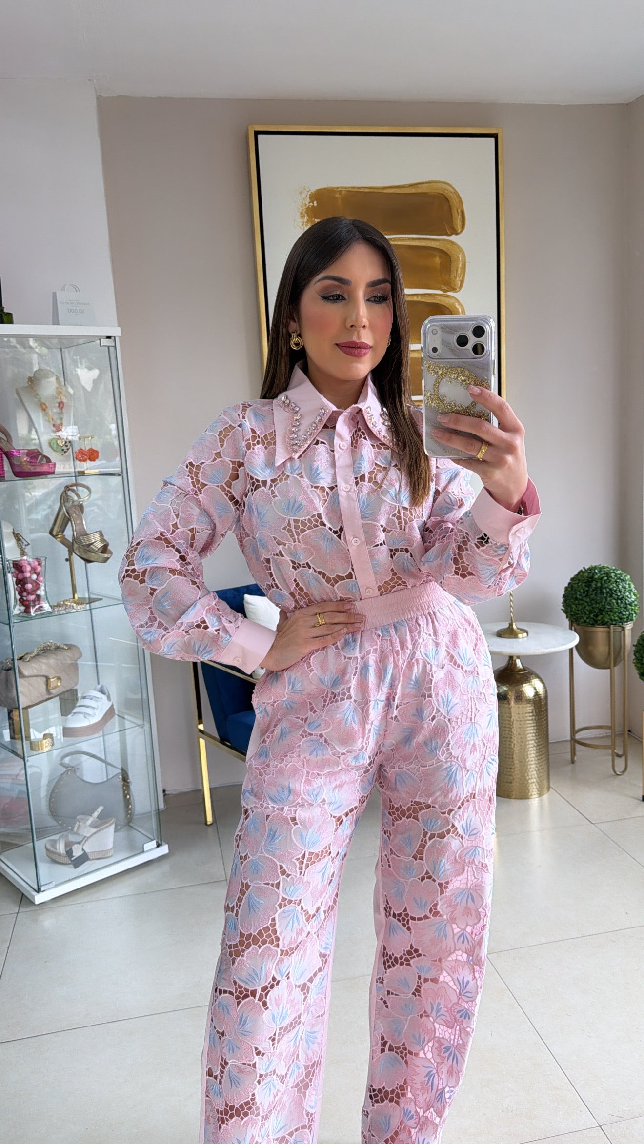 Pink Embroidery Rhinestones Set