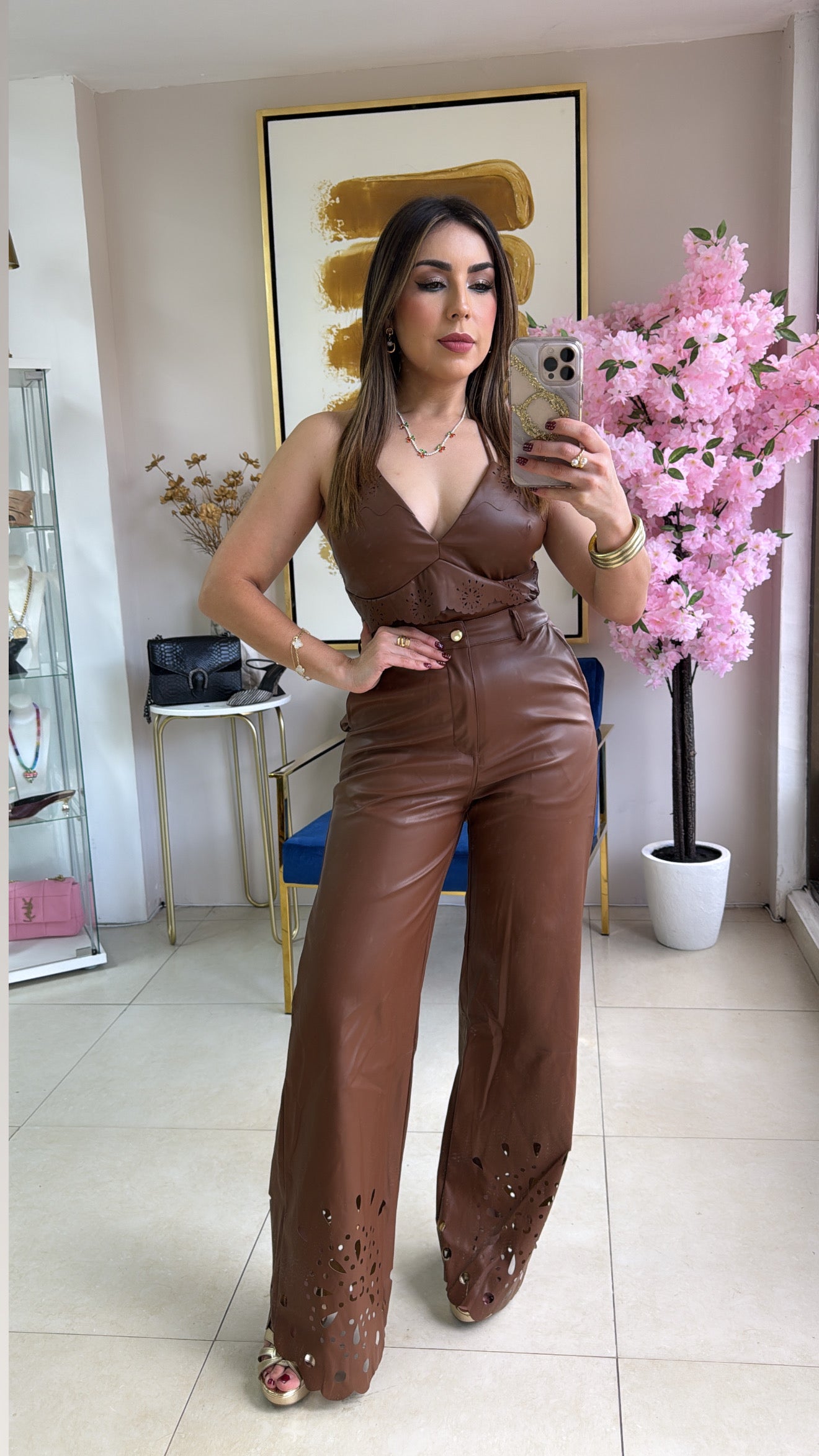 Brown Leather Pant Set